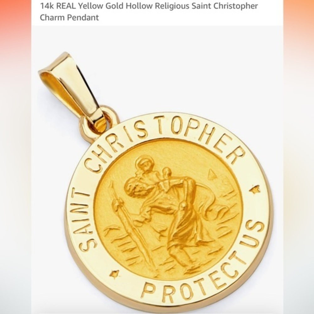 14k REAL Yellow Gold Hollow Religious Saint Christopher Charm Pendant